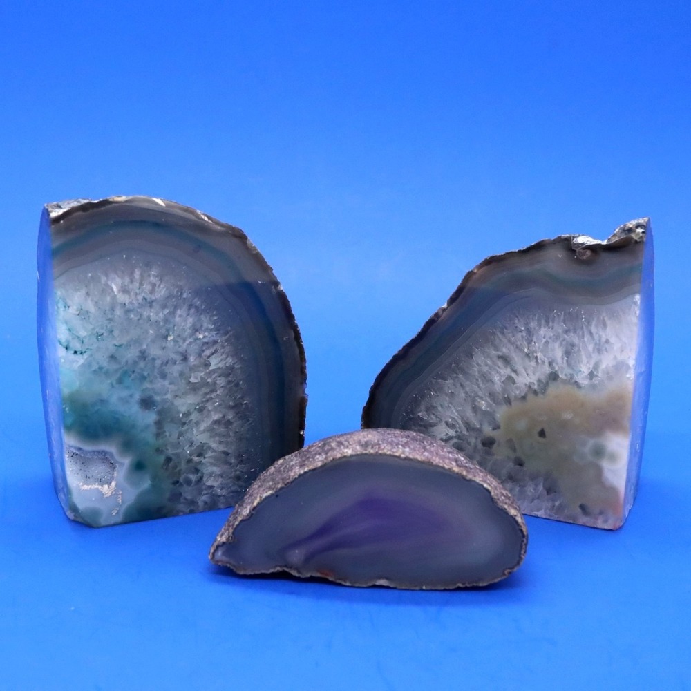 Lot of 3 Geode Polished Slabs / Quartz Crystal Specimens Total Weight 2 lb 14 oz